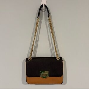 Michael Kors Tina Black and Tan Shoulder Bag with Gold Chain